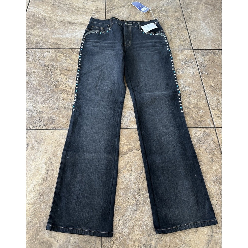 Diane Gilman Black Studded Jeans Woman Sz 8 Pockets Crop Western Boho Casual 30